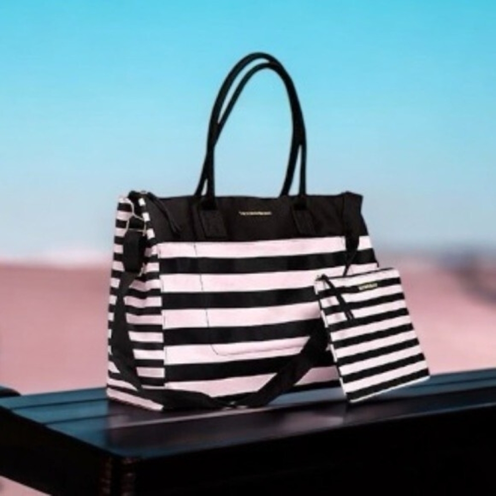 Victoria’s Secret Duffel Bag Black Pink Stripe Canvas with Makeup Case